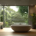 Vasca freestanding ovale vicino a una grande finestra panoramica, con illuminazione soffusa e dettagli in legno